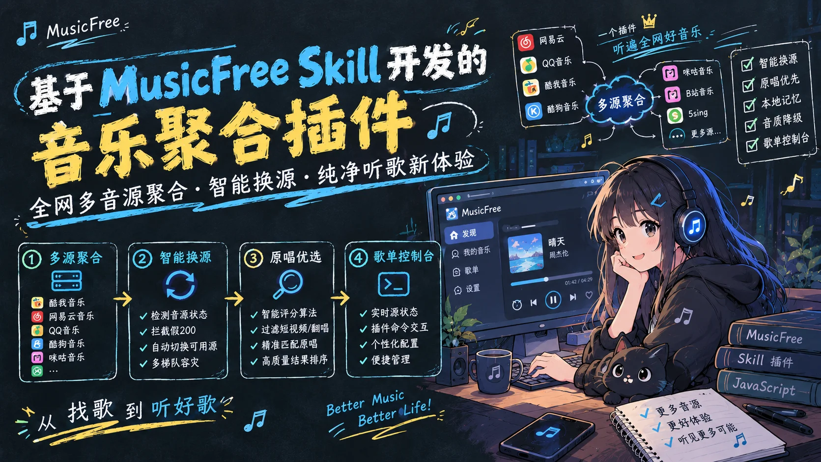 基于 MusicFree 搭建全功能个人音乐平台：智能多源聚合、跨源容灾与全网搜听终极指南